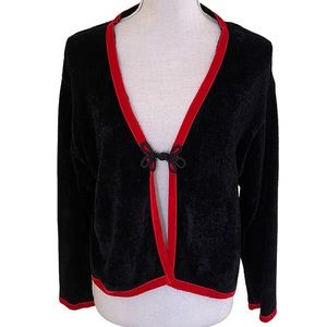 Suss Design Vintage Black Chenille Cardigan with Red  Trim and Frog Closure